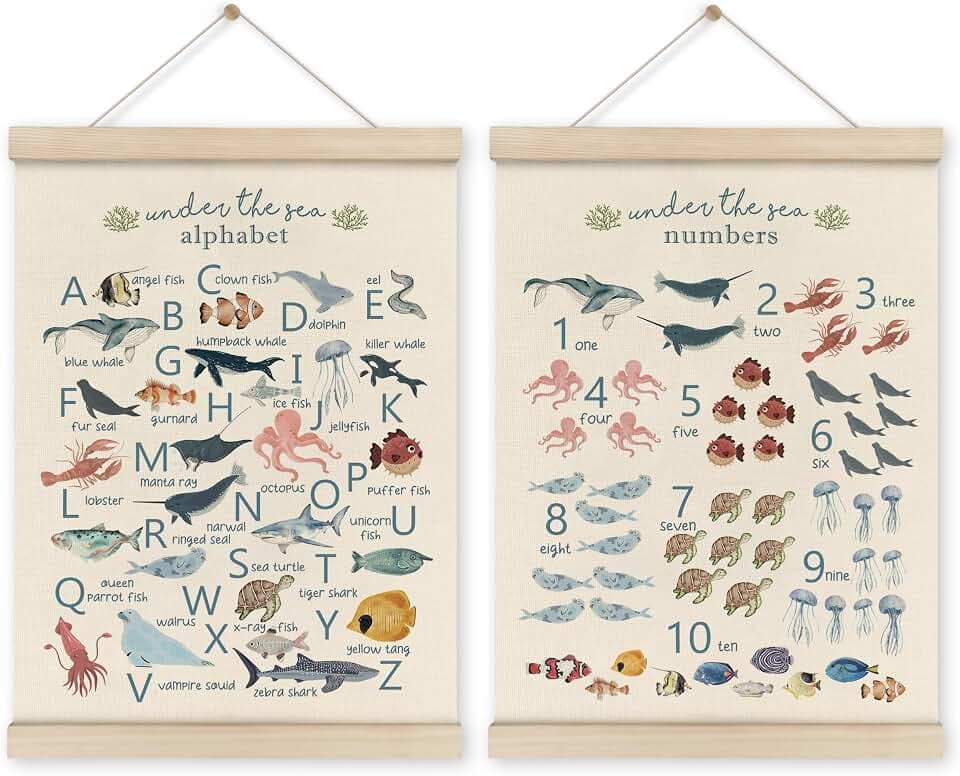 HRQKO Ocean Alphabet Poster Hanger Frame Set of 2, Ocean Nursery Decor, Sea Animal Wall Decor, ABC Poster Art with Wooden Frames, Alphabet Banner Wall Hanging Decor for Playroom Kids Room,12x16 Inch