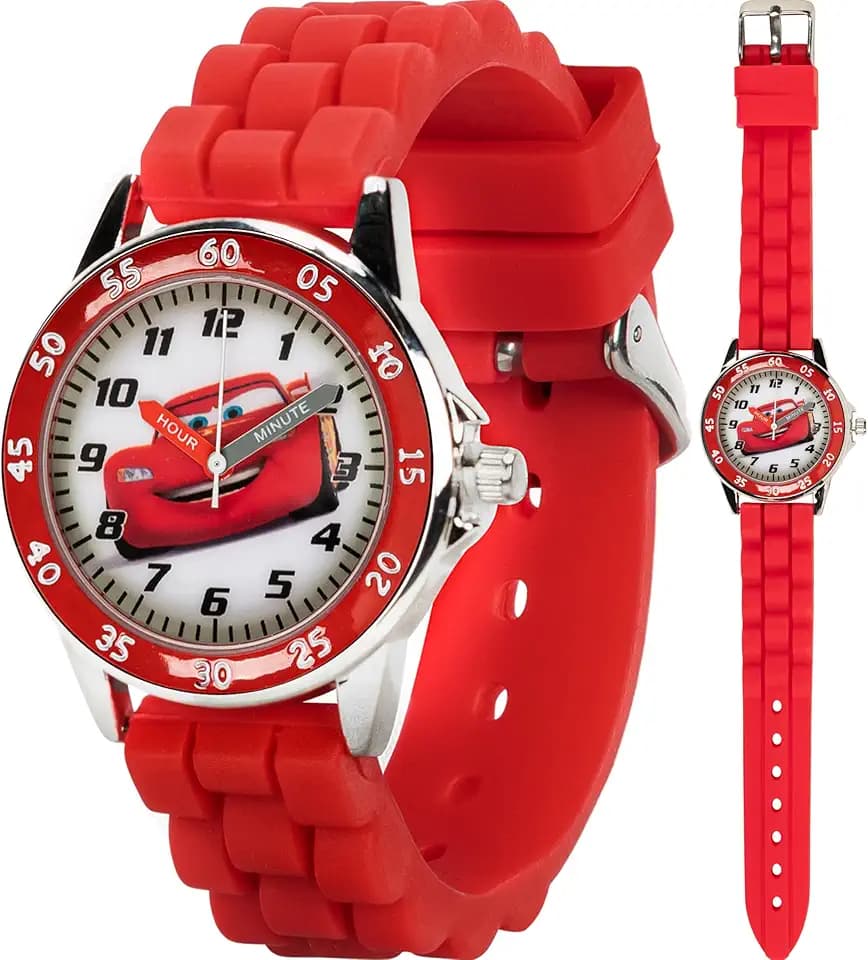 Disney Pixar Cars Kids' Time-Teaching Watch – Lightning McQueen Design with Red Silicone Strap, Easy-to-Read Dial, and Adjustable Fit for Wrists 5.5" to 8"