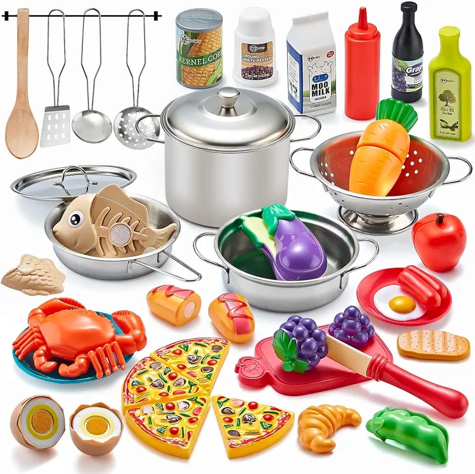 Kidsciety Pretend Play Kitchen Accessories, 52pc Kids Kitchen Playset with Play Food, Stainless Steel Cookware, Toys Pots and Pans, Toddler Toy Set with Cuttable Toy Food, Boys Girls Gift