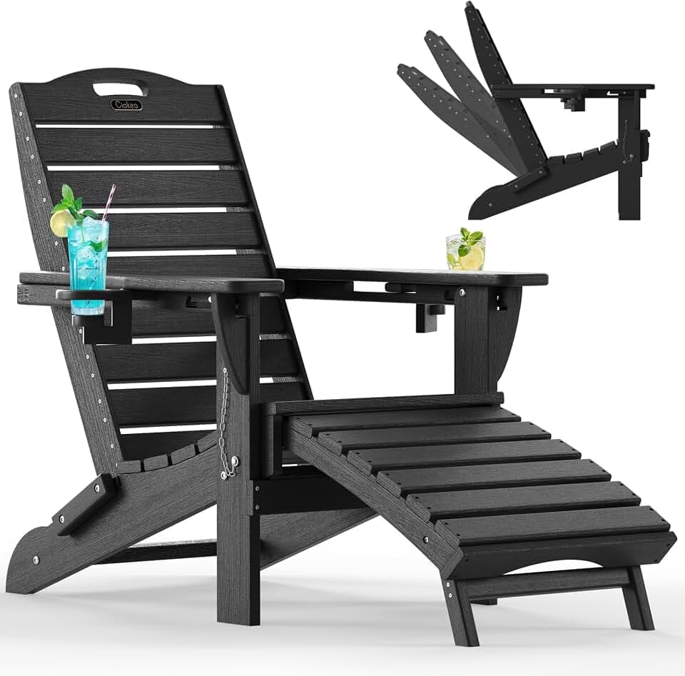 Ciokea Folding Adirondack Chair with Retractable Ottoman Fire Pit Patio Chair ，Black