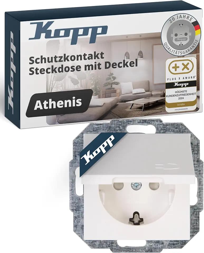 Kopp ATHENIS Schutzkontaktsteckdose mit Deckel - Rein-Weiß - 1-fach Einbausteckdose mit erhöhtem Berührungsschutz - IP20 Steckdose mit Klappe - Hochwertige Unterputz-Steckdose 16A / 250V~
