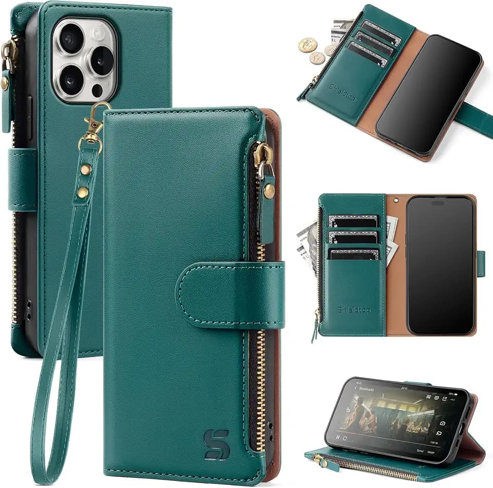 Shieldtop for iPhone 14 Pro Wallet Case with Card Holder,Blue Green