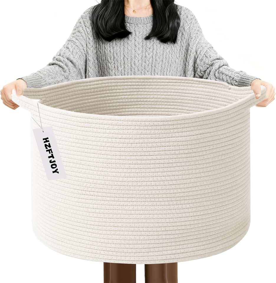 90L Large Blanket Basket,Rope WovenLaundry Basket-White