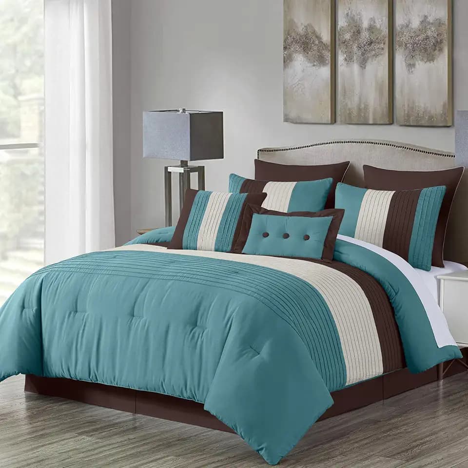 Loft 8-Piece Striped Comforter Set Queen, Blue/Beige/Chocolate Brown