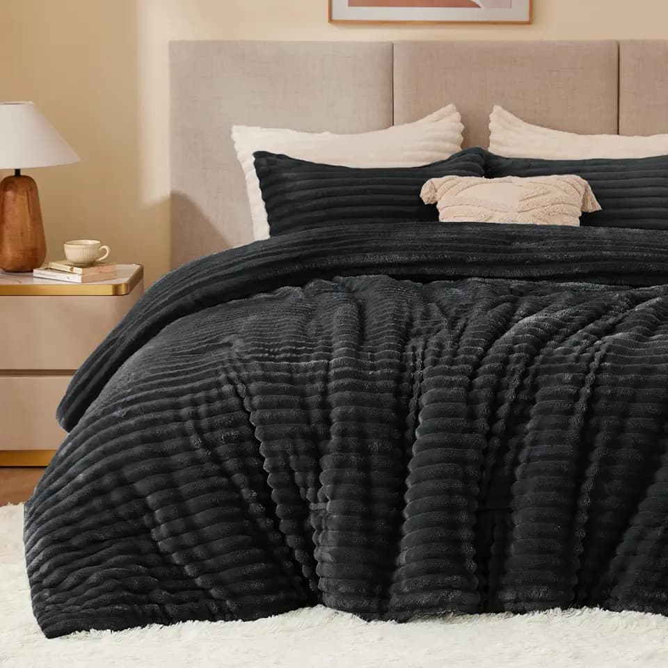 BEDELITE Fleece Full Comforter Set, Fluffy Bed Set, Black