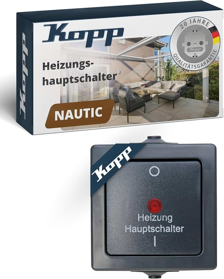 Kopp NAUTIC Heizungsschalter in Anthrazit - Heizungsnotschalter Aufputz mit 10AX Schaltvermögen - Sicherer IP44 Feuchtraum-Schalter-Aufputz - Hochwertiger Schalter mit Kontrollleuchte 250V~