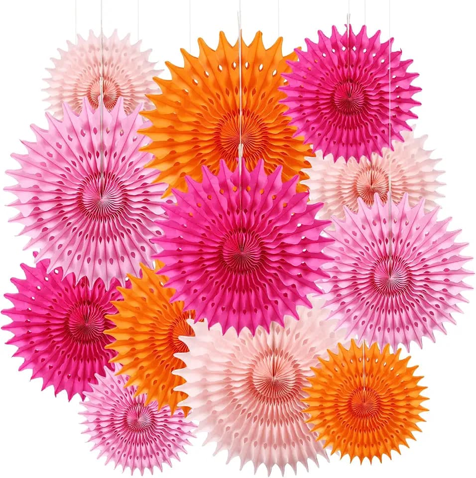 BestoFun 12 Stück Papier Fächer Set Orange PomPoms Tissue Blumen Rose Pfirsich Hängende Blumen Girlande Hellrosa Papier Fächer Dekoration für Partydeko Kinder Geburtstagsdeko Hochzeit Baby Shower