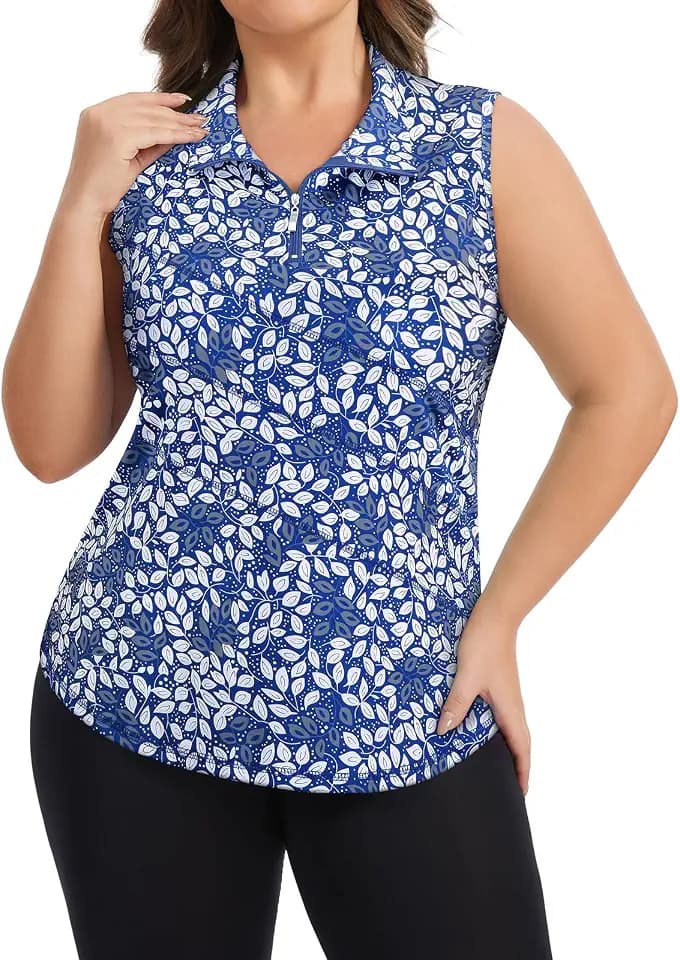 Koscacy Plus Size Golf Polo Shirts for Women Sleeveless Zip Up Athletic Tennis Shirt Dry Fit Workout Tank Tops