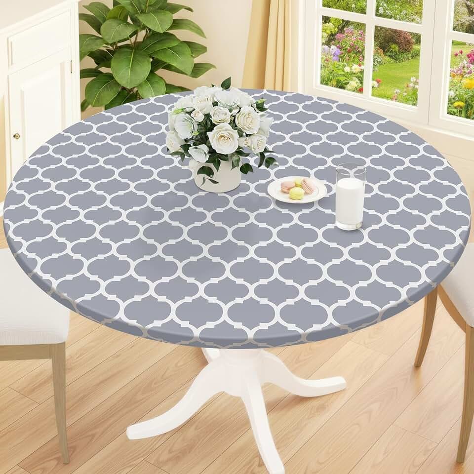 Smiry Round Picnic Tablecloth, Waterproof Elastic Fitted Table Covers for 18" - 24" Tables, Wipeable Flannel Backed Vinyl Tablecloths for Camping, Indoor, Outdoor, Grey & White