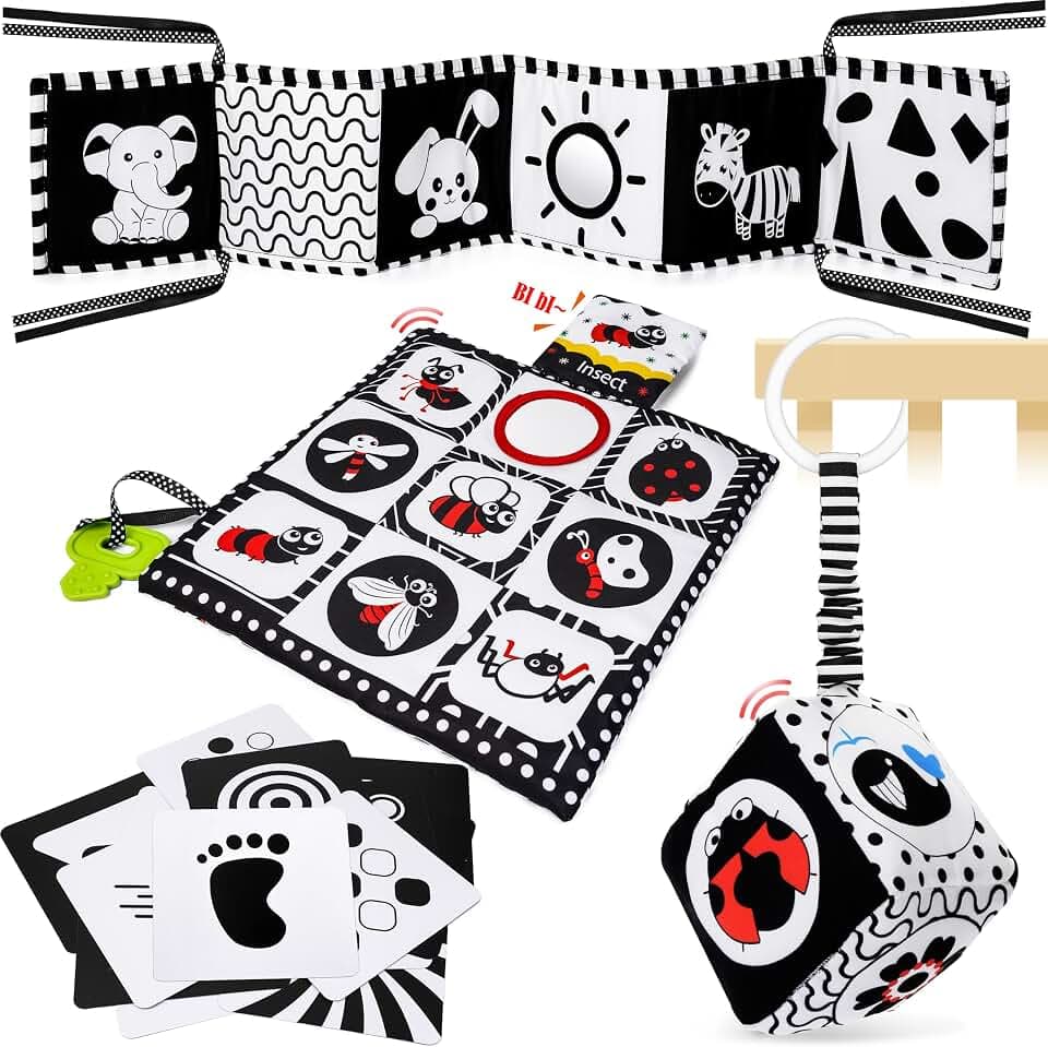 HappyKidsClub Schwarz Weiß Kontrastbuch mit Kontrastkarten, Baby Sensorik Kontrast Spielzeug 0-12 Monate Baby Geschenk Junge Mädchen Kinderwagenkette Montessori Spielzeug