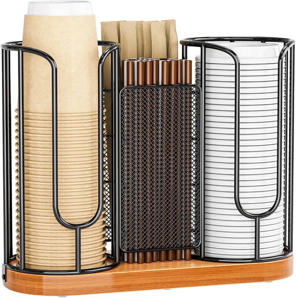 Halter für Kaffeetassen und Deckel, Einwegbecher, Strohhalme, Organizer mit Holzsockel, Papier-Kunststoff-Becherhalter, Spender, Aufbewahrung für Arbeitsplatte, Kaffeestation, Bar, Restaurant, Büro