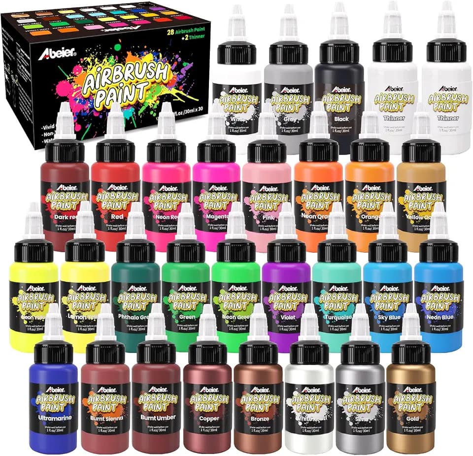 ABEIER Airbrush Farbe, 28 Farben mit 2 Dünneren Airbrush Farben (30 ml)