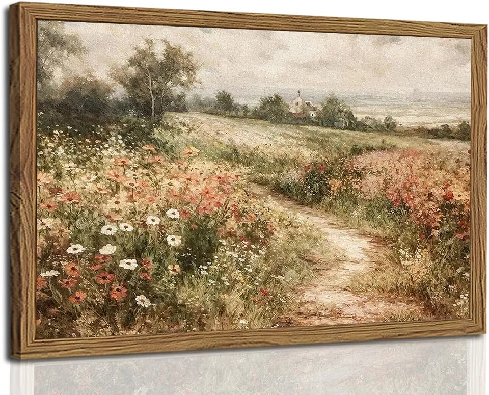 Vintage Floral Wall Art Nature Country Wildflower Wall Decor Painting Modern Botanical Flower Farmhouse Landscape Artwork 3D Textured Sandstone for Living Room Bedroom 12x16 inch Wood Framed