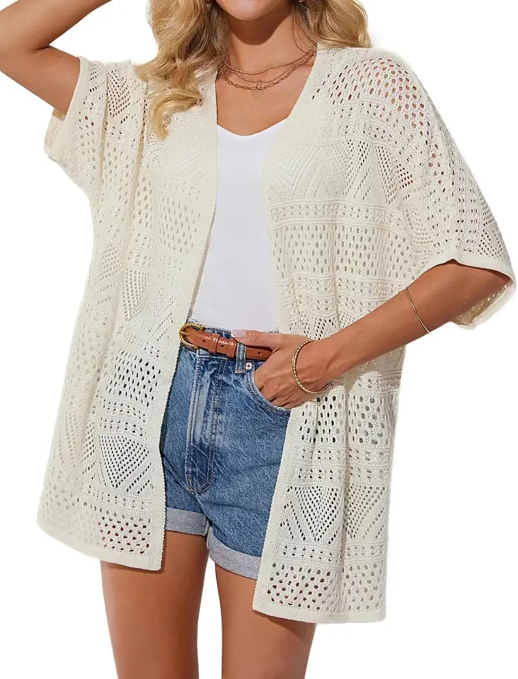GRACE KARIN Damen Hohle Strickjacke Lässige Fledermaus Kurzarm Cardigan Lockere Lange Sommer Kimono Urlaub Strand Cover Up