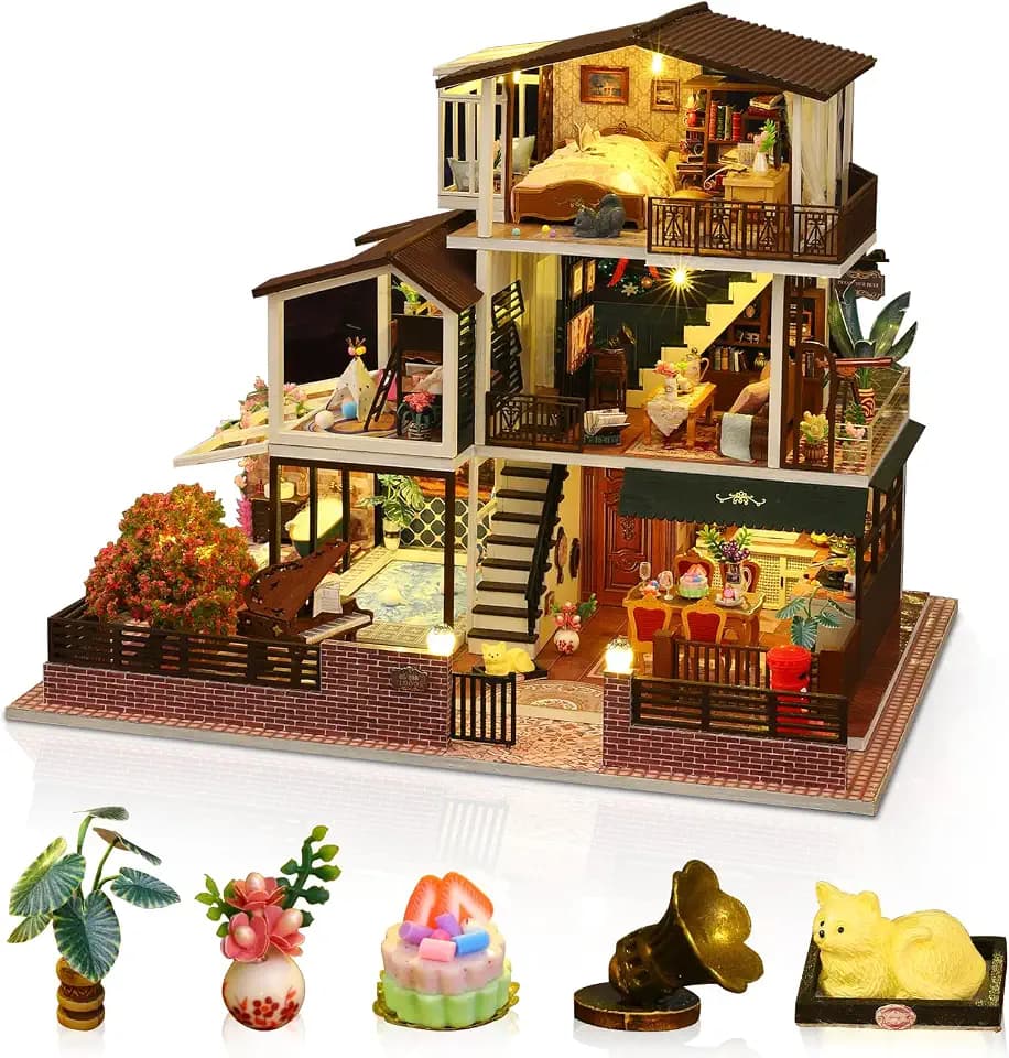 DIY Miniatur Haus, Mini 3D Holzpuzzle Puppenhaus Modell Set mit LED Spieluhr, Romantische Villa Tiny Haus Bücherregal Deko Bastelset, Geburtstag Geschenk für Erwachsene Frauen Männer