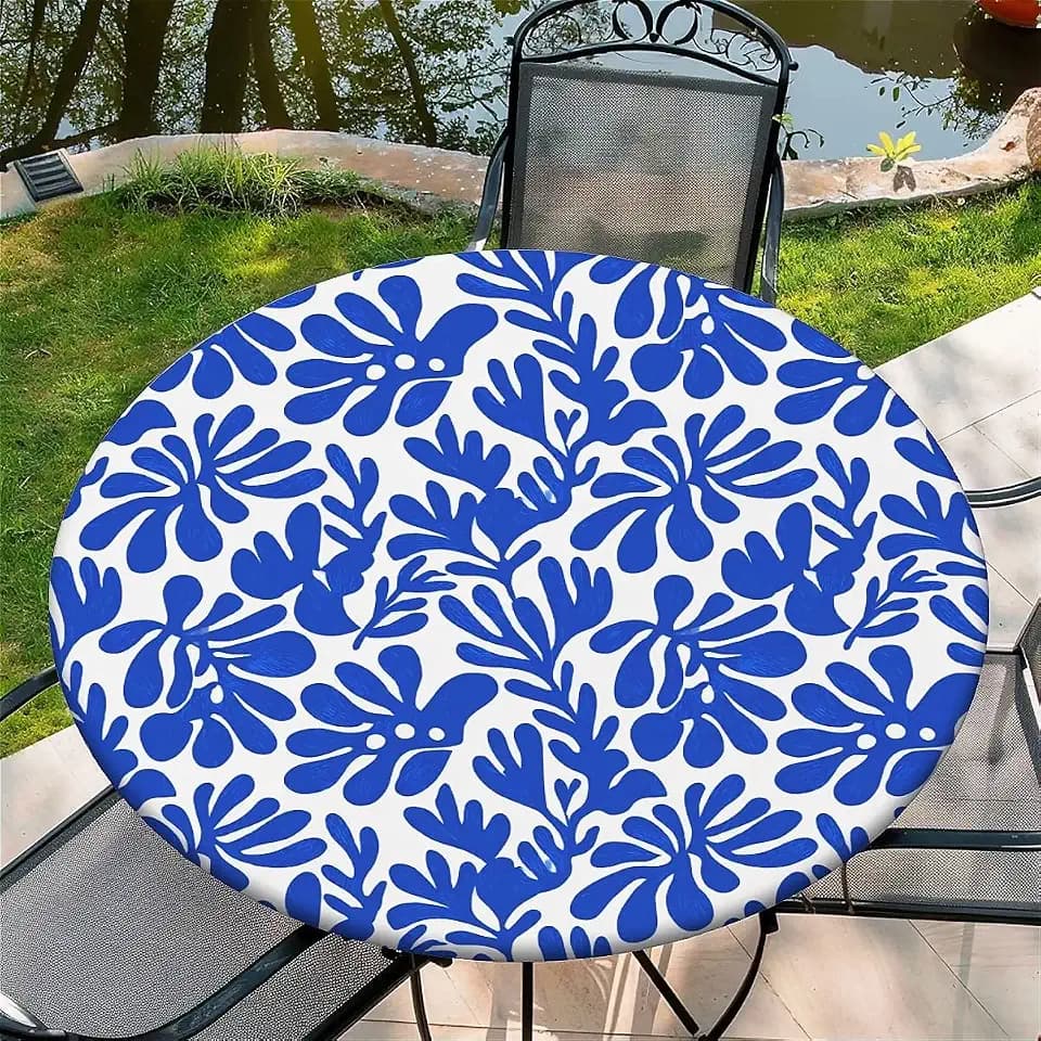 Round Fitted Tablecloth with Elastic Edge Design Table Cover Waterproof Table Cloth Stain-Resistant for 37"-44" Round Table for Dining, Picnic, Party, Decor, Outdoor, Blue Coral