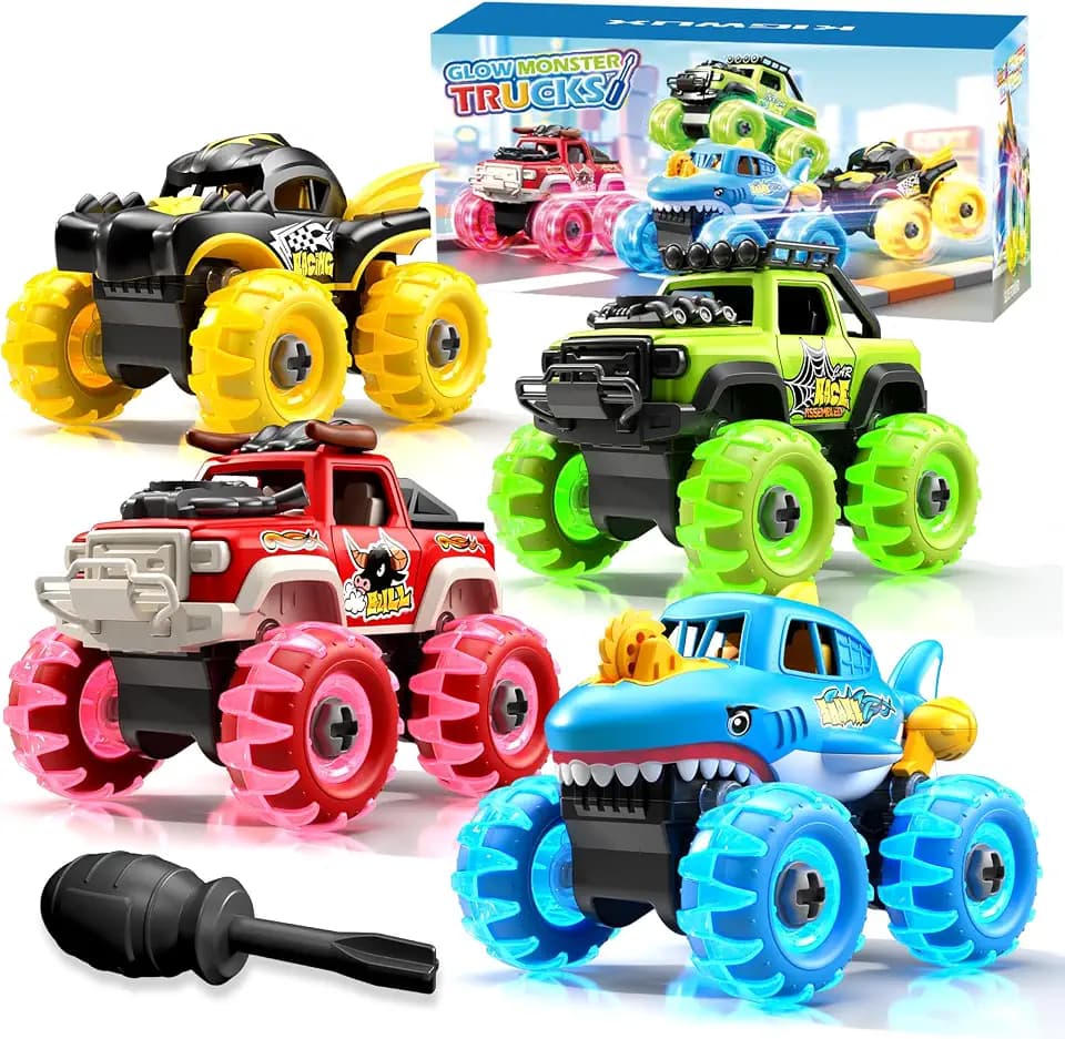 4 Pack Light Up Monster Truck Toys for 2 3 4 Year Old Boy, Take Apart Cars