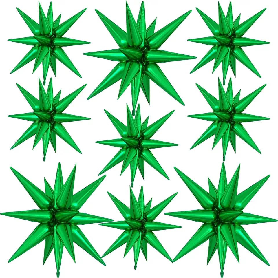 9Pcs Green Star Balloons, Large Explosion Spike Foil Balloons Party Decor
