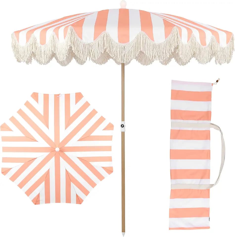 JONATHAN Y UMB1003 Mariner 6.5 ft. Cottage Fringe Tassel Market Beach Umbrella with Push Button Tilt, Wind Vent and UV Protection, and Matching Carry Bag