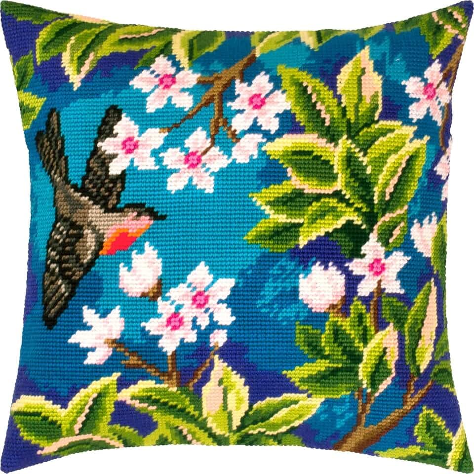 Brvsk Nature Inspired Stamped Cross-Stitch Kit for Adults and Beginners — Redstart. Tree by John Henry Dearle 16″ × 16″ with Clear, Precise Printed Design on Cotton Canvas; Includes Needles and Yarn