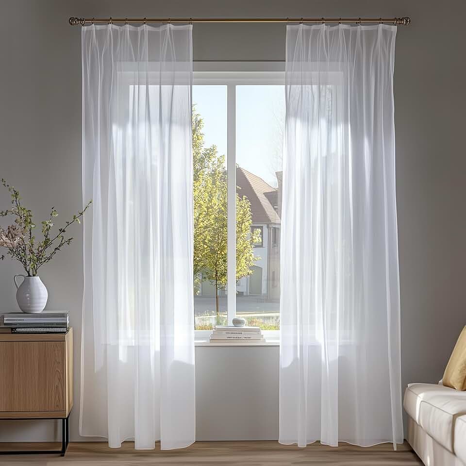 Deconovo Gardinen Transparent mit Kräuselband Wohnzimmer Stores Schal Vorhänge für Schiene Schlafzimmer Leinenoptik, 260x140 cm(HöhexBreite), Weiß, 2er Set