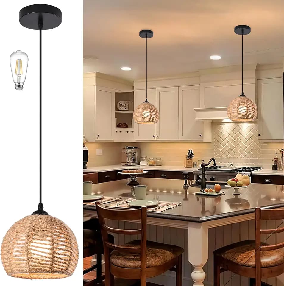 Woven Pendant Light Boho Chandelier Dome Rustic Farmhouse Chandelier Hemp Rope Light Rattan Light Fixture for Dining Room Living Room Bedroom Kitchen Foyer(Bulb Included)