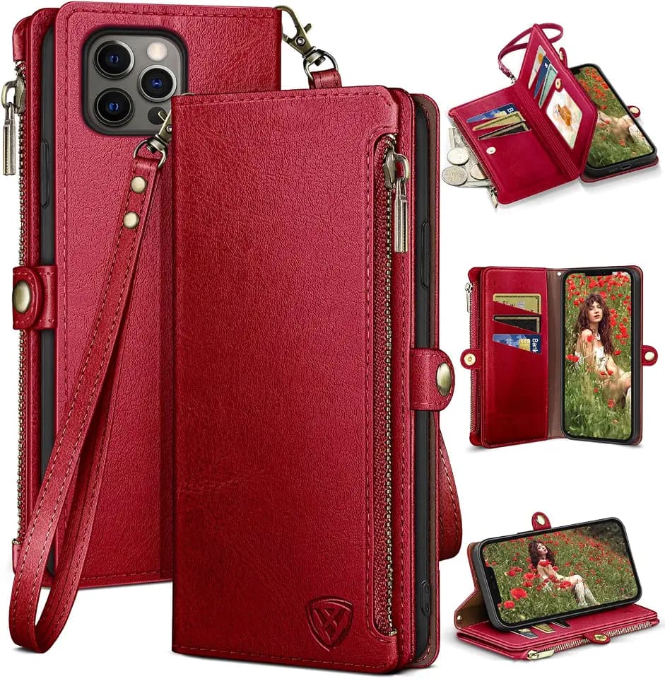 XcaseBar Compatible with iPhone 13 Pro 6.1" Wallet case with Zipper Credit Card Holder【RFID Blocking】,Flip Folio Book PU Leather Phone case Shockproof Cover Men Women for Apple 13 Pro case Red