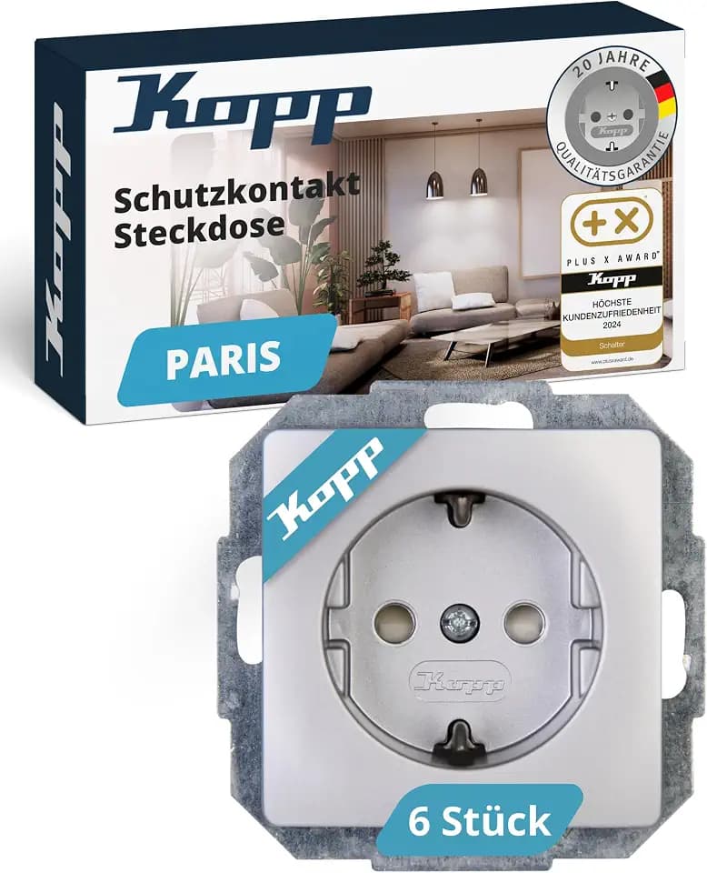 Kopp PARIS Schutzkontaktsteckdosen in Silber - 6 Stück - 1-fach Einbausteckdose mit erhöhtem Berührungsschutz - IP20 Unterputz-Steckdose mit Schutzkontakt - Steckdosen-Unterputz 16A / 250V~