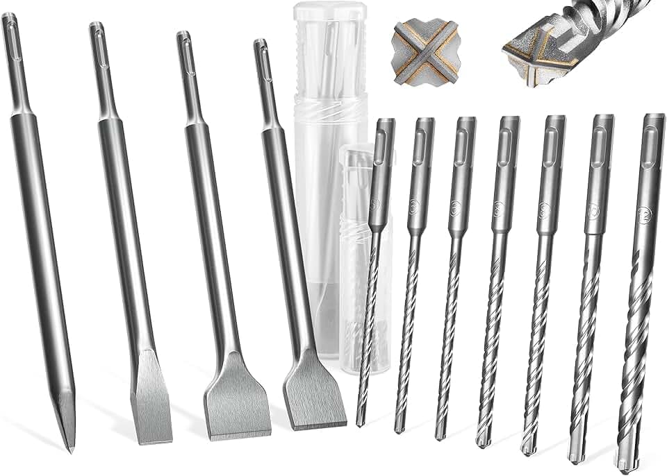 KSP-TEC® SDS Plus Betonbohrer + Meißel Set 11 Teilig [INKL. PRAKTISCHER DREHBOX] - Bohrer 5 bis 12mm für Beton mit je 4 Vollhartmetall Schneiden - Mit Fliesenmeißel, Flachmeißel & Spitzmeißel - Robust