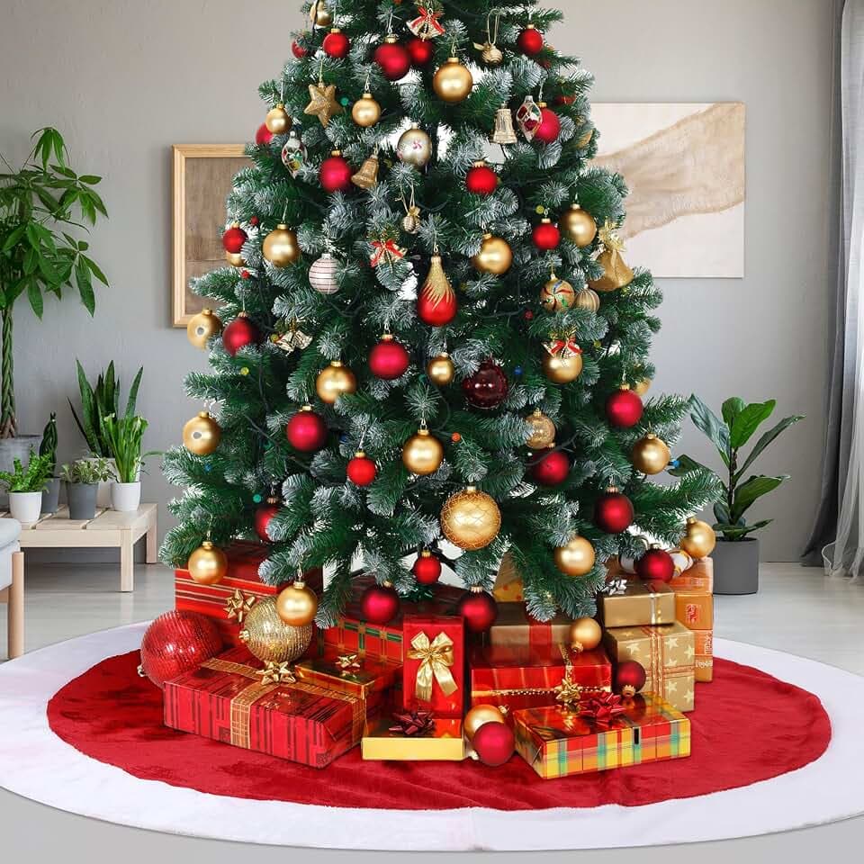 100 Inch Large Christmas Tree Skirt Red White Faux Fur