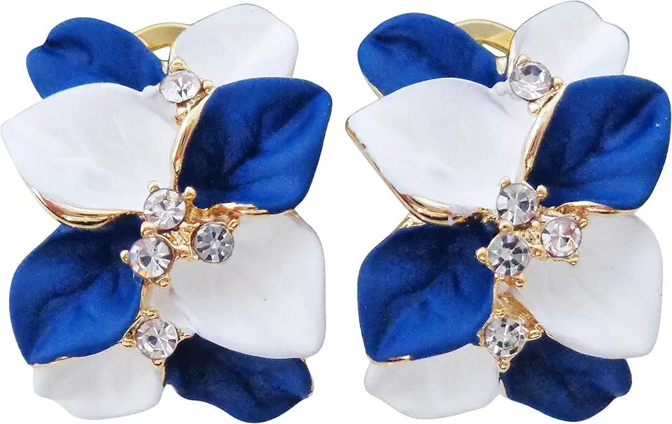 Navachi 18k Gold Plated White Crystal Double Enamel Leaves Flower Omega Back Earrings