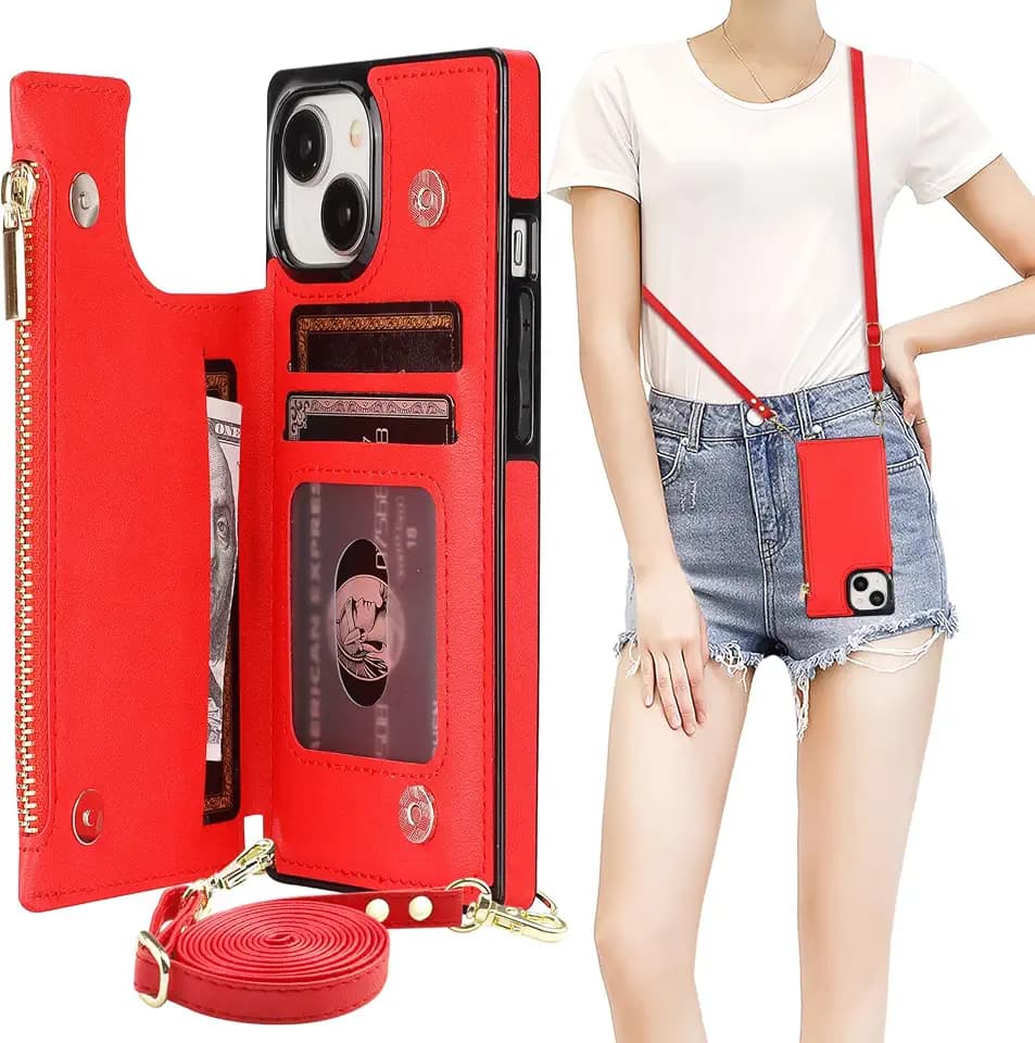 Bocasal Crossbody Wallet Case with Strap for iPhone 15, Red