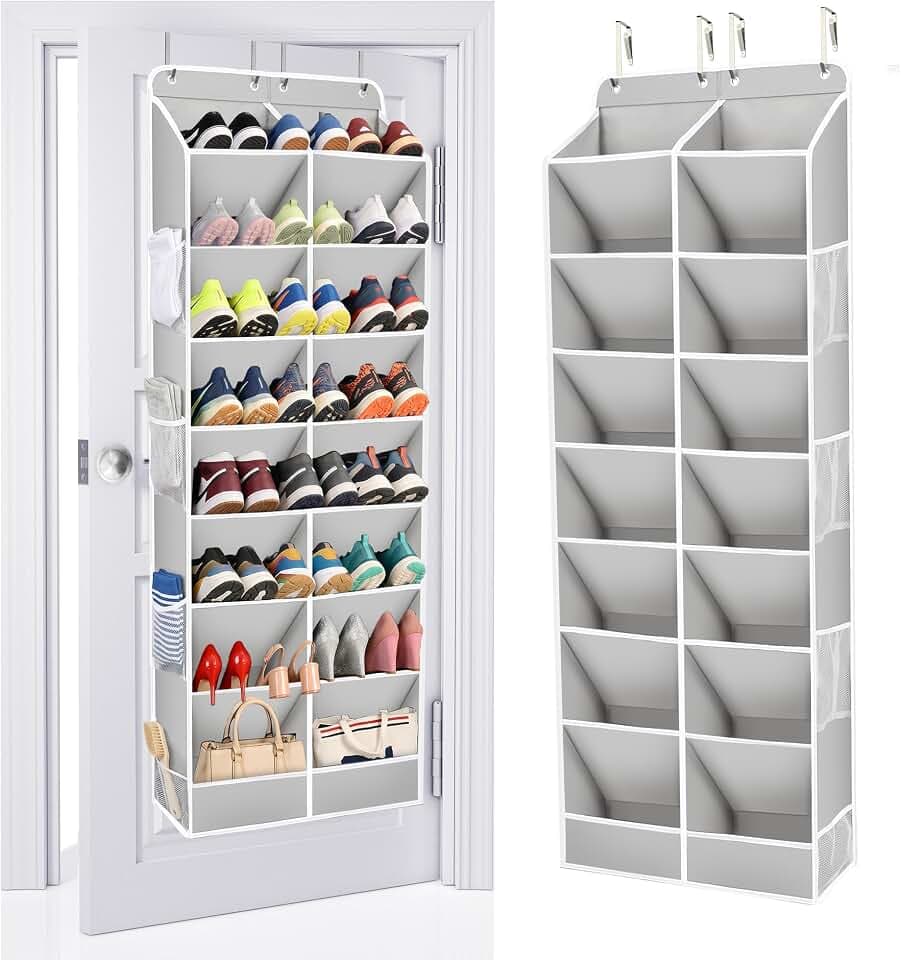 ULG Over The Door Shoe Organizer with 16 Large Pockets, Hanging Shoe Rack for Closet Door, Space Saving Shoe Storage for Boots, Heels & Sneakers,Grey