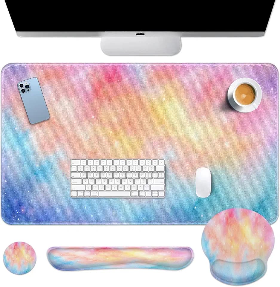 Arttown Keyboard Mouse Pad Set, 4 in 1 Desk Mat Set Iridescent Cloud