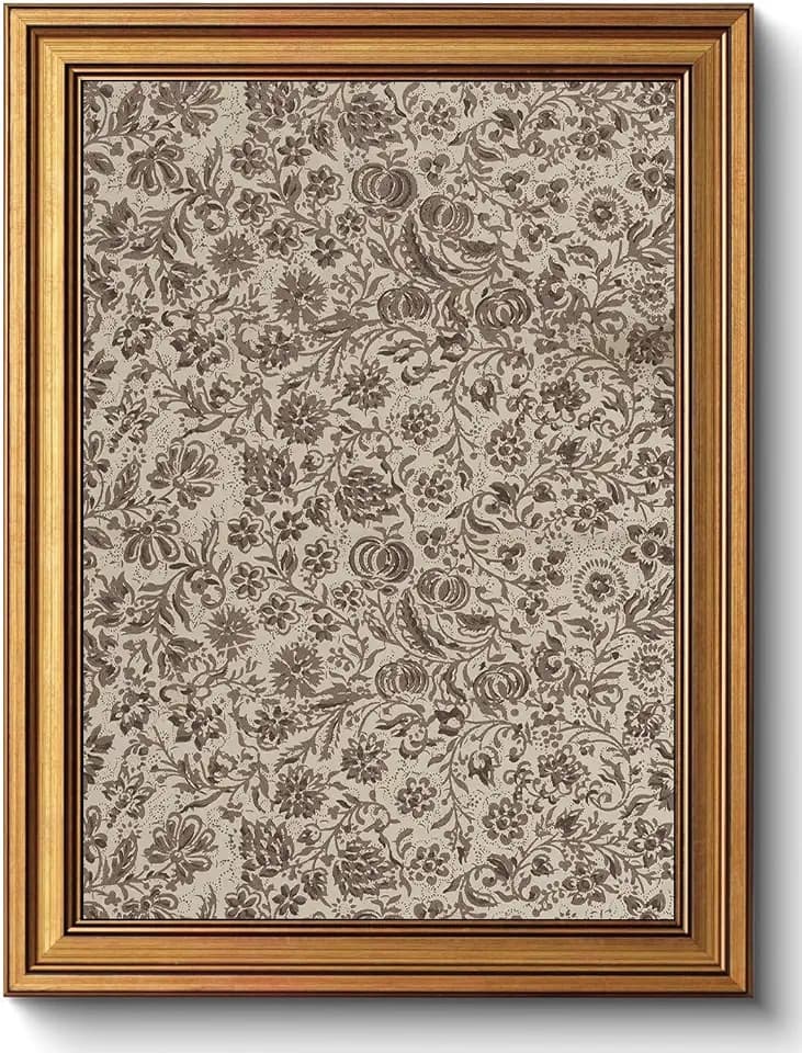 Vintage Neutral Floral Pattern Gold Framed Canvas Wall Art 12x16 inch