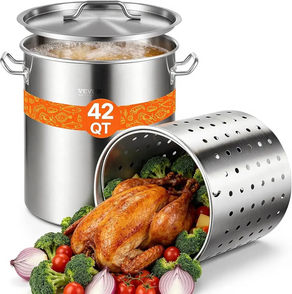 VEVOR Stainless Steel Stockpot, 42 Quart Large Cooking Pots, Cookware Sauce Pot with Strainer, Lid, and Handle, Heavy Duty Commercial Grade Stock Pot, Sanding Treatment, for Large Groups Events Silver