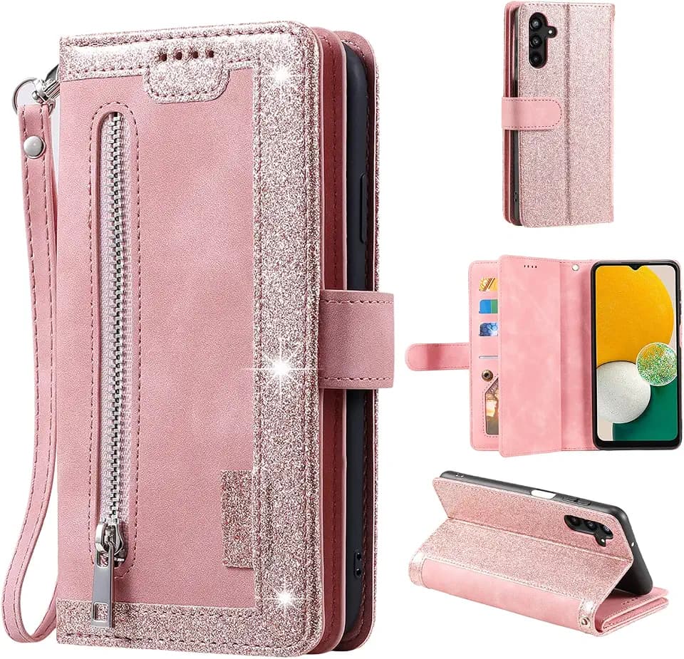 EYZUTAK Wallet Phone Case for Samsung Galaxy A37 5G, Retro Matte 9 Card Holder Slots Zipper Pocket Handbag Case PU Leather Magnetic Closure Kickstand with Wrist Strap Flip Purse Case - Rose Gold