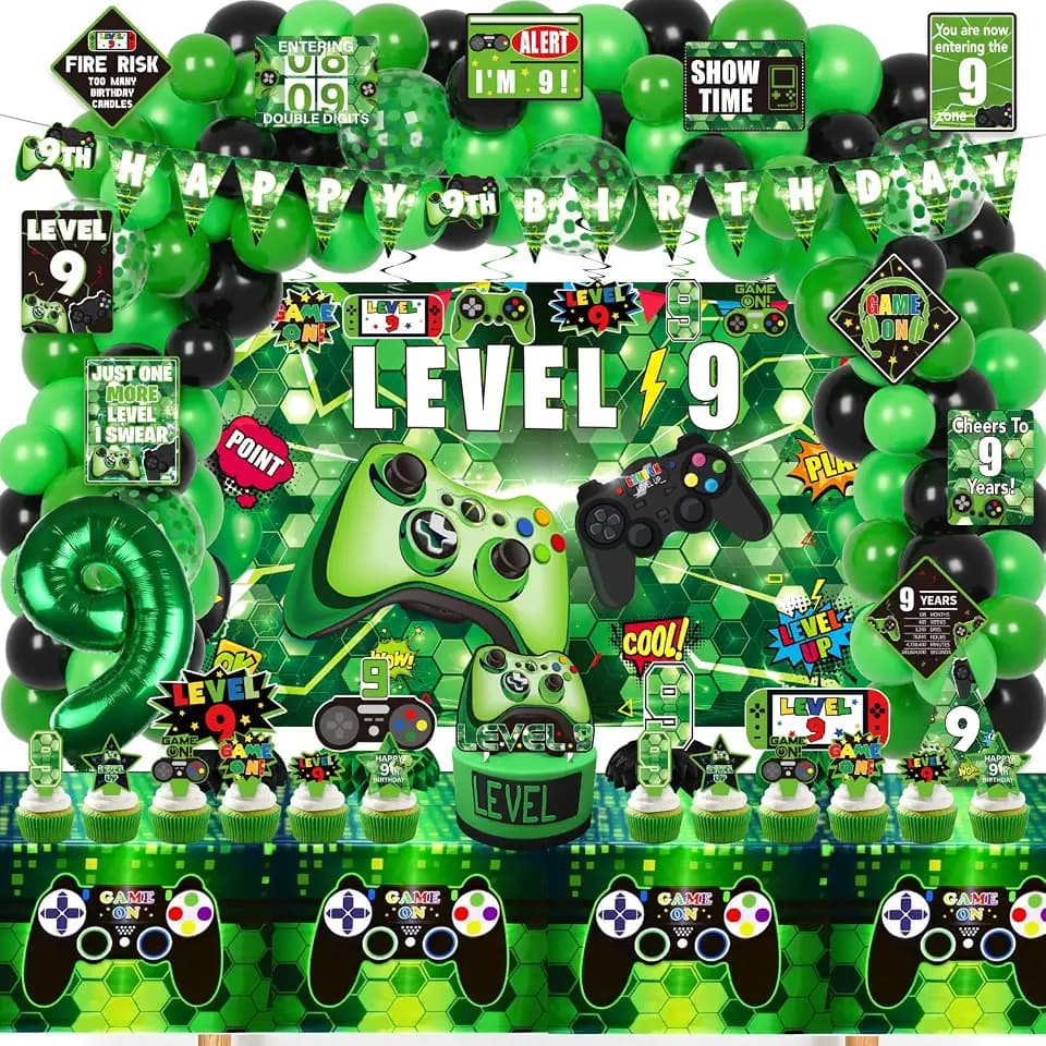 9th Birthday Decorations for Boys, Green Video Game level 9 Party Decor