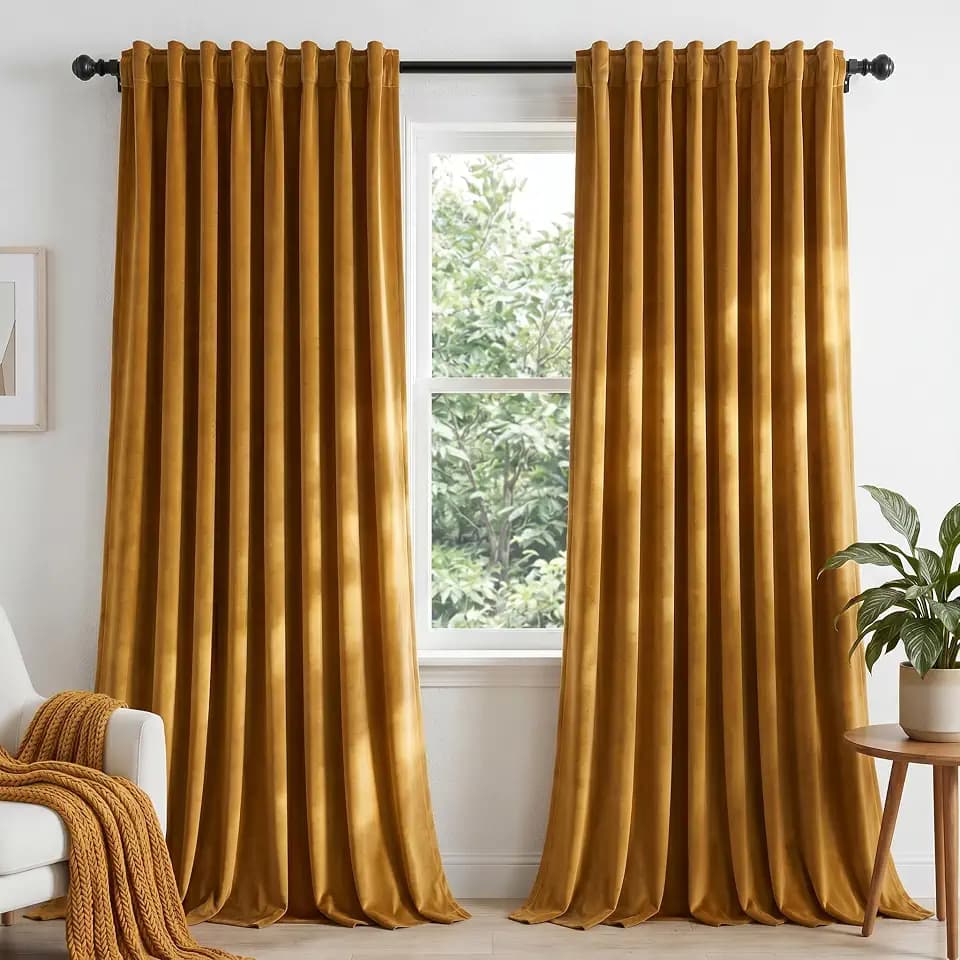 Dchola Mustard Yellow Velvet Blackout Curtains Back Tab 52x120, 2 Panels