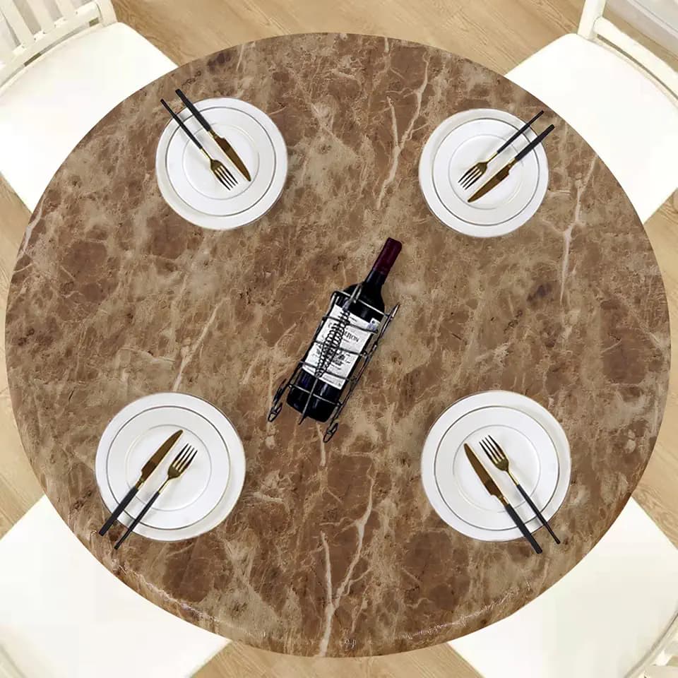 LUSHVIDA Round Vinyl Waterproof Table Cover, Fits Up to 45''-56'', Marble Brown