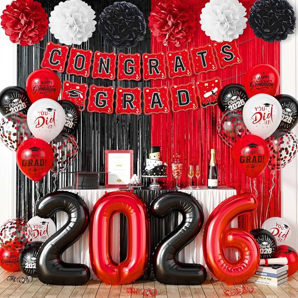 Graduation Decorations 2026,Red Black Balloons Banner Class of 2026 Decor