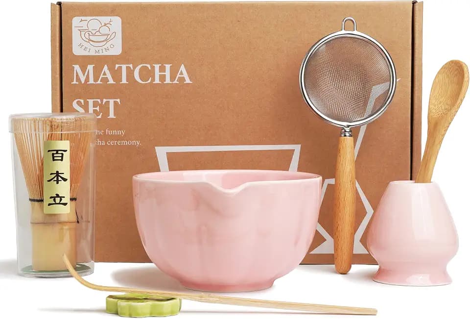 Premium Matcha Set 7-teilig – Exklusives Teezeremonie-Set mit Bambus-Chasen (Besen),Rosa Keramik-Schale, Löffel & Zubehör, Originelles Geschenk für Matcha