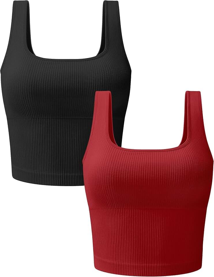 OLCHEE Womens 2 Pack Crop Tank Tops Square Neck Workout Top Padded