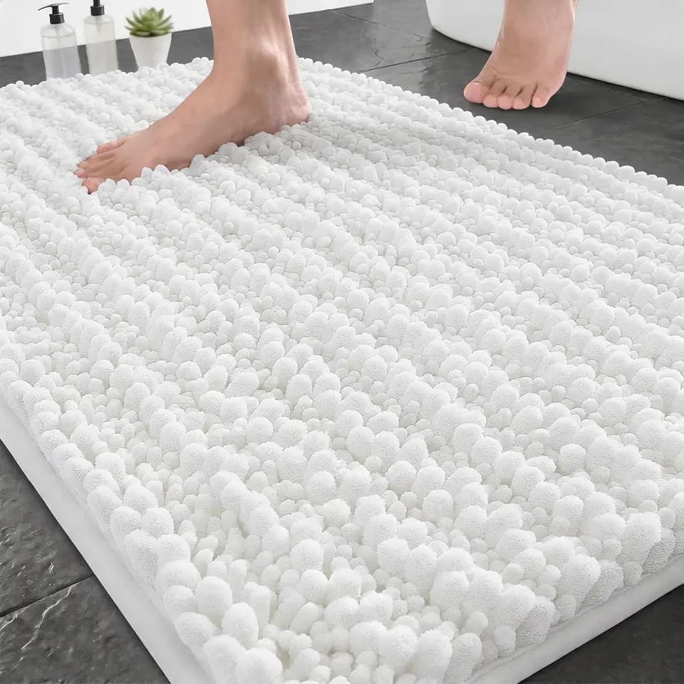 Yimobra Bathroom Rugs Non Slip Washable 32x20 Inch - Ultra Soft Absorbent Chenille Bath Mat, Quick Dry Shaggy Floor Carpet for Tub Shower, White Home Decor Accessories