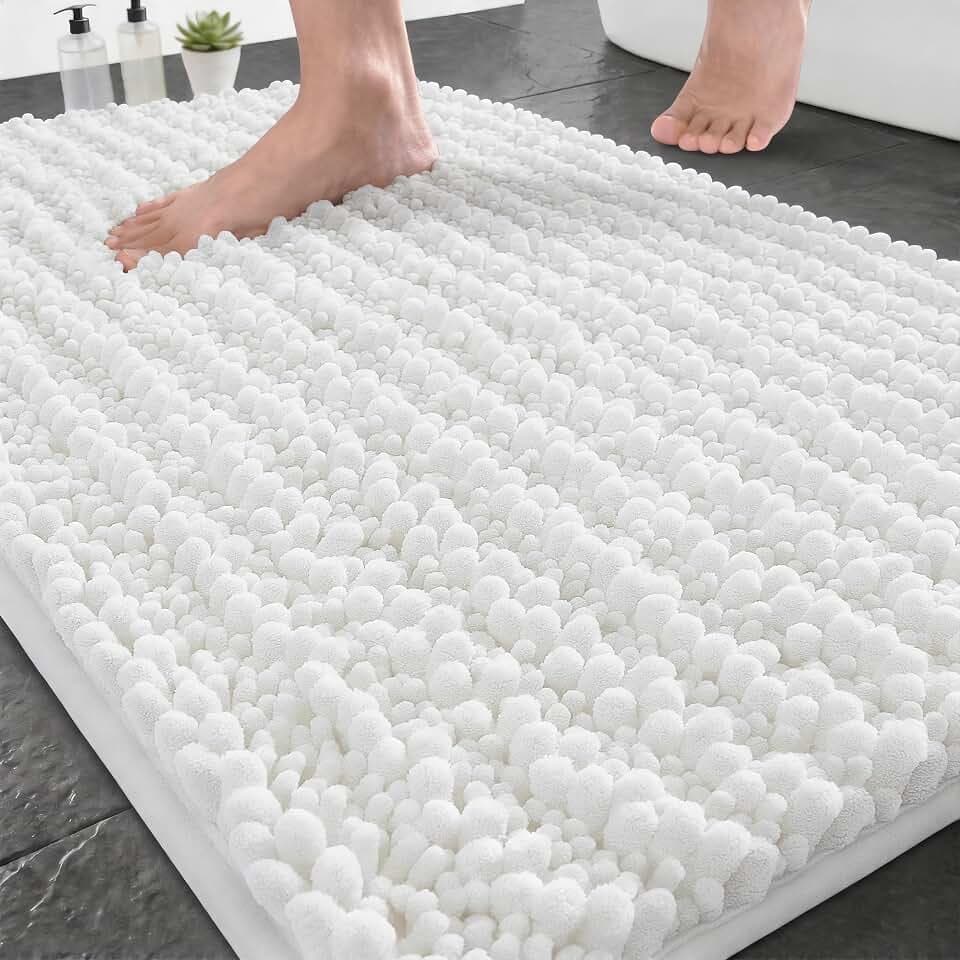 Yimobra Bathroom Rugs Non Slip Washable - Ultra Soft Absorbent Chenille Bath Mat, Quick Dry Shaggy Floor Carpet for Tub Shower, White Home Decor Accessories, 24x17 Inch