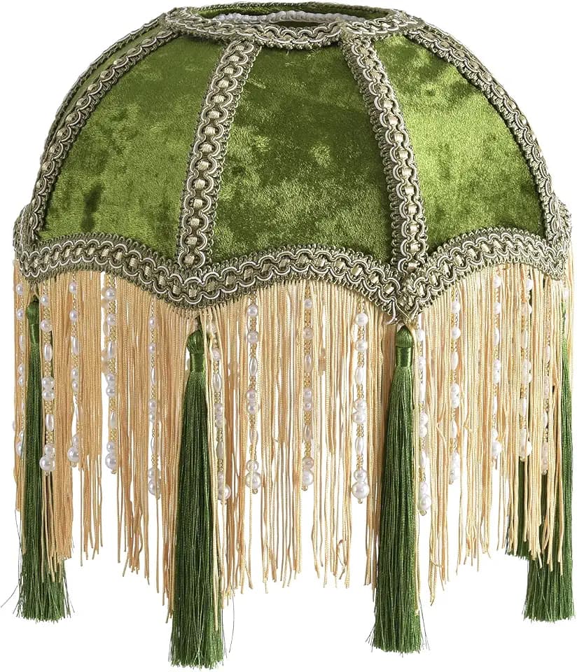 Lampshade with tassels, Premium Classic Victorian, Style Bell Shape Scallop velvet top replacement lamp,9.8“Width 11.3”height(olive green)