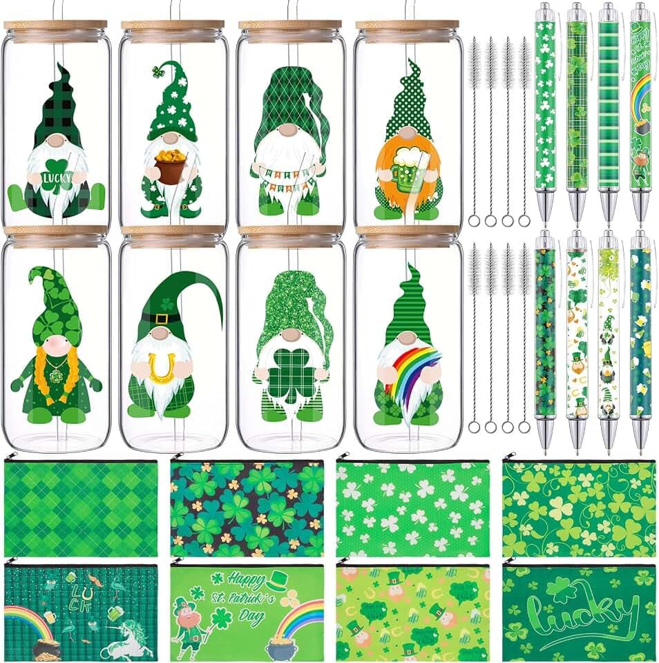 Mimorou 8 Sets St Patrick's Day Gift for Women 16 oz Shamrock Gnome Glass Cups with Straw and Lid Green Shamrock Makeup Bag Lucky Clover Ballpoint Pen Irish Leprechaun Tumbler for Party Family Friends