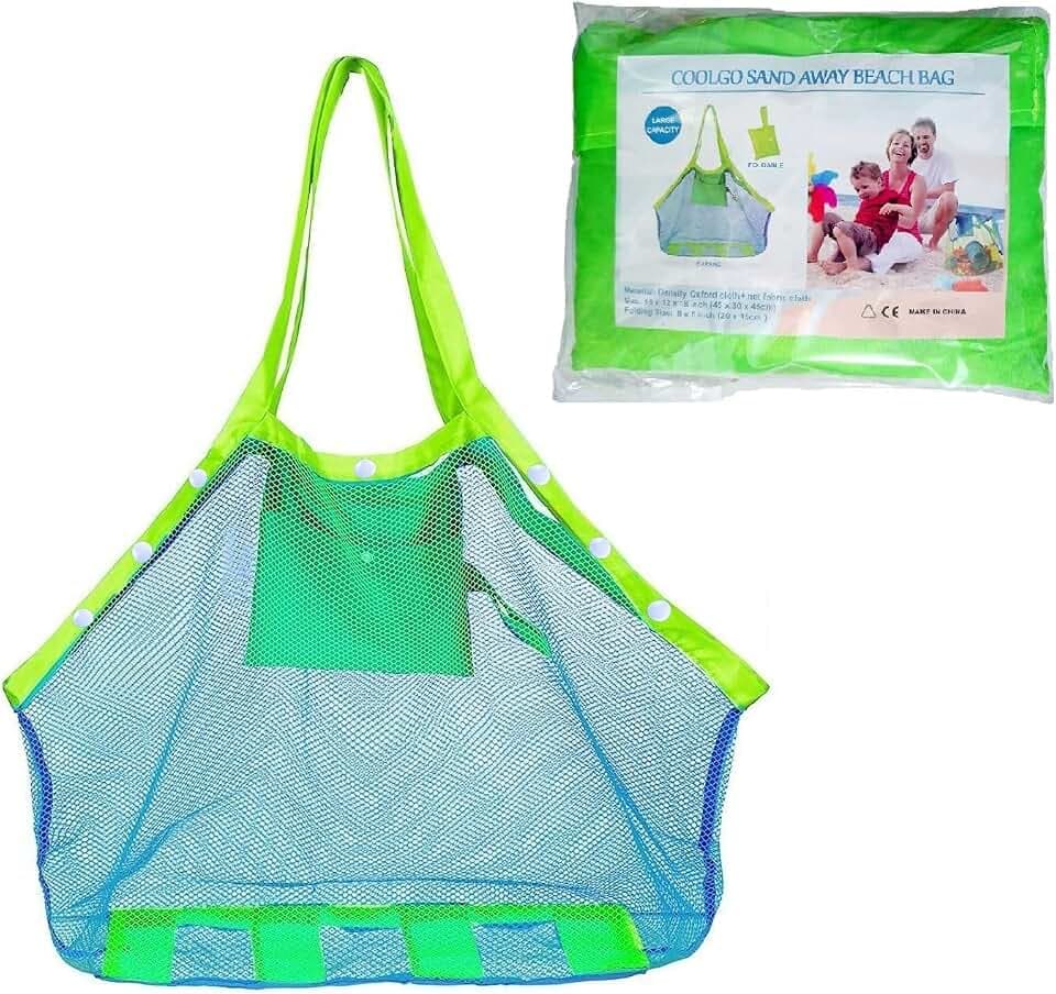 COOLGOEU Strandtasche Strandspielzeug Tasche XXL Groß für Sandspielzeug Wasserspielzeug für Kinder Aufräumsack Spielsack Badetasche Beachbag Faltbar für Familie Urlaub (Blau Mesh/Grün Strap)