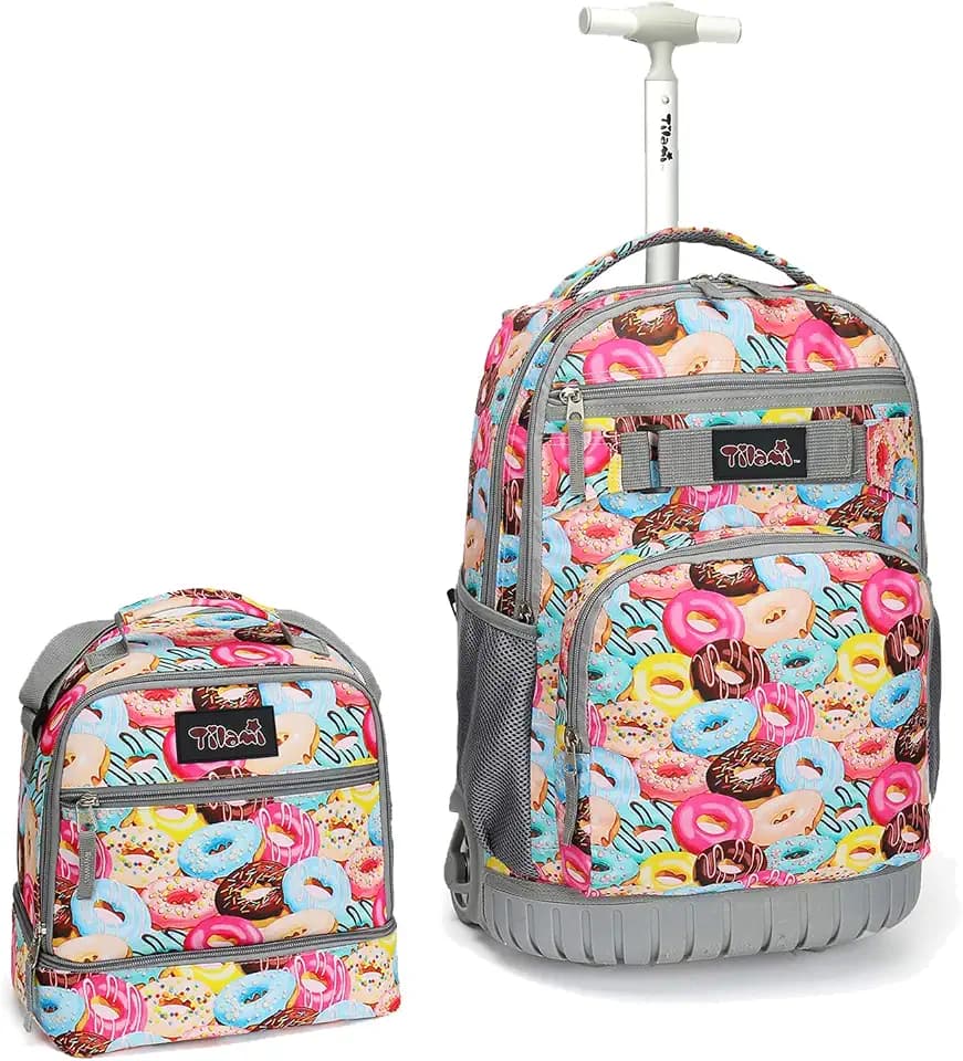 Tilami Rolling Backpack 19 inch with Lunch Bag Wheeled Laptop Backpack, Doughnut