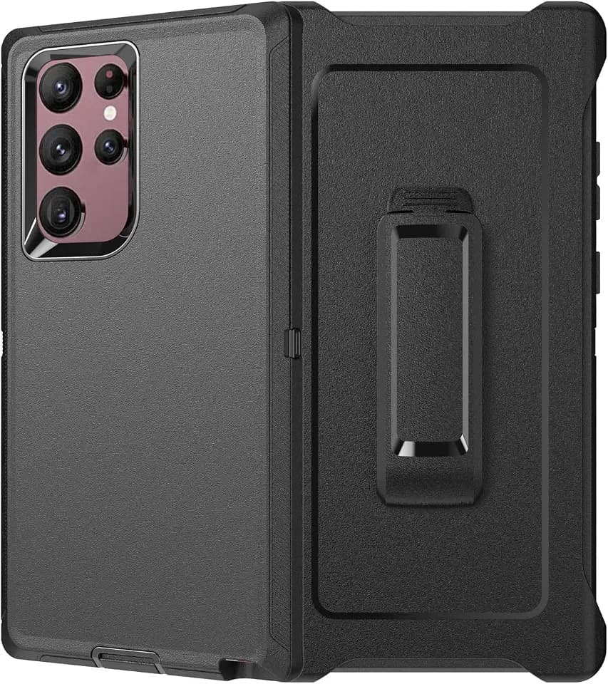 YmhxcY Defender Series Case for Samsung Galaxy S22 Ultra 5G，Rugged & Durable,Military Grade Shockproof Secure Layered, with Port Protection, Includes Holster Clip Kickstand for S22 Ultra 6.8”-Black